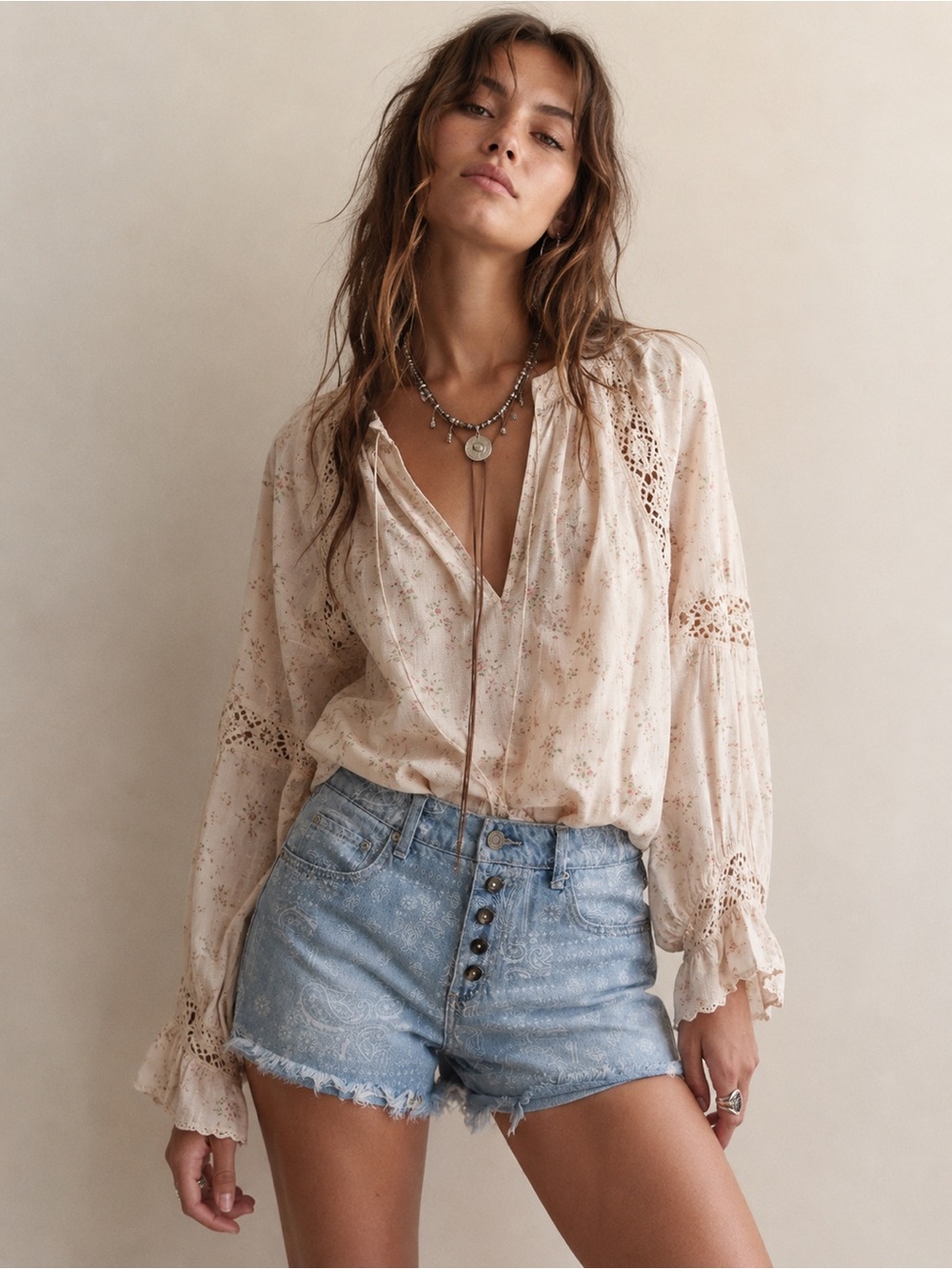 Indigo Rein Women Blue Denim Bandana Print Shorts US29 Boho Western Country Folk